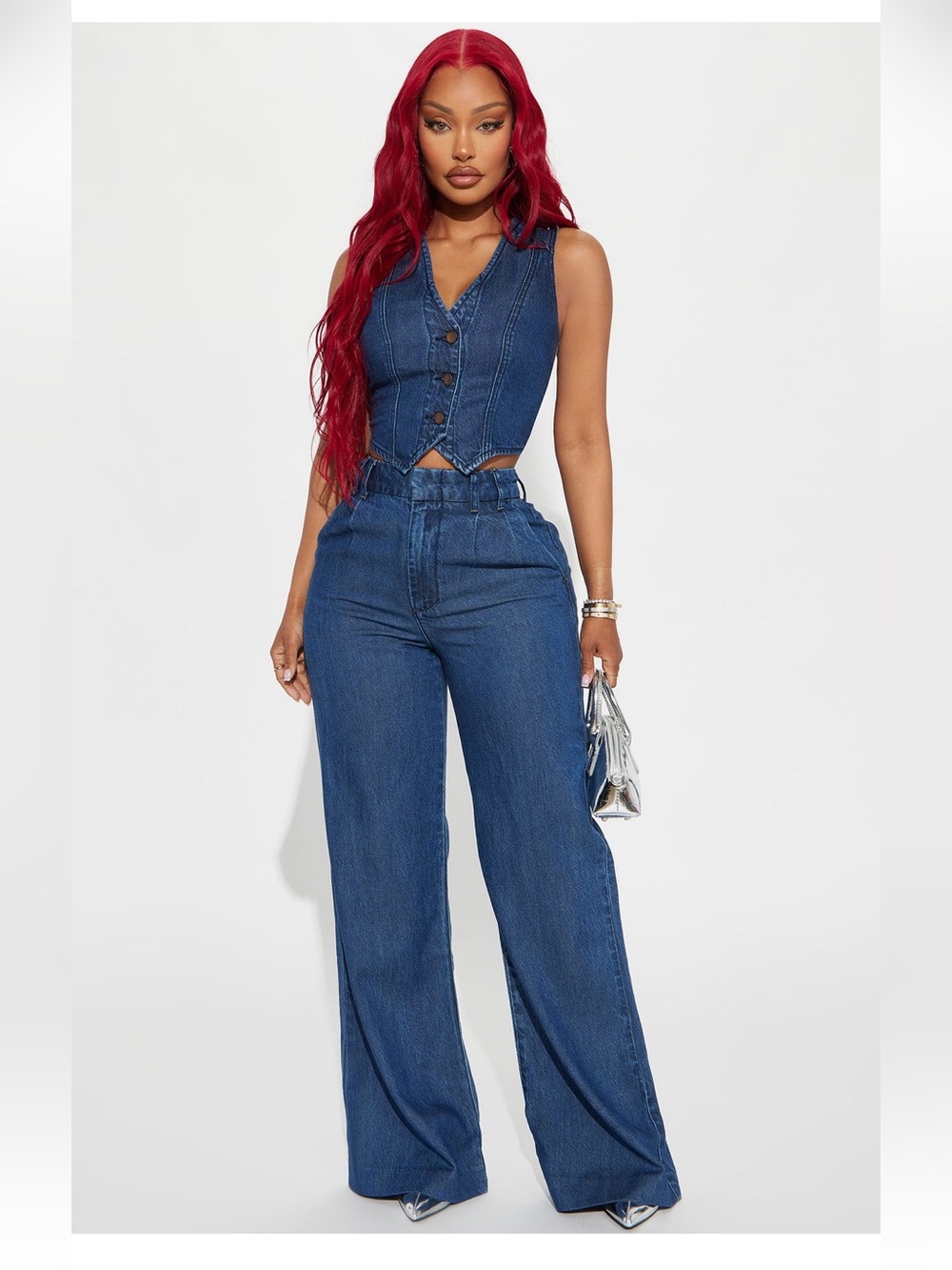 Denim Two-Piece Vest & Wide-Leg Pants Set - Dark Blue